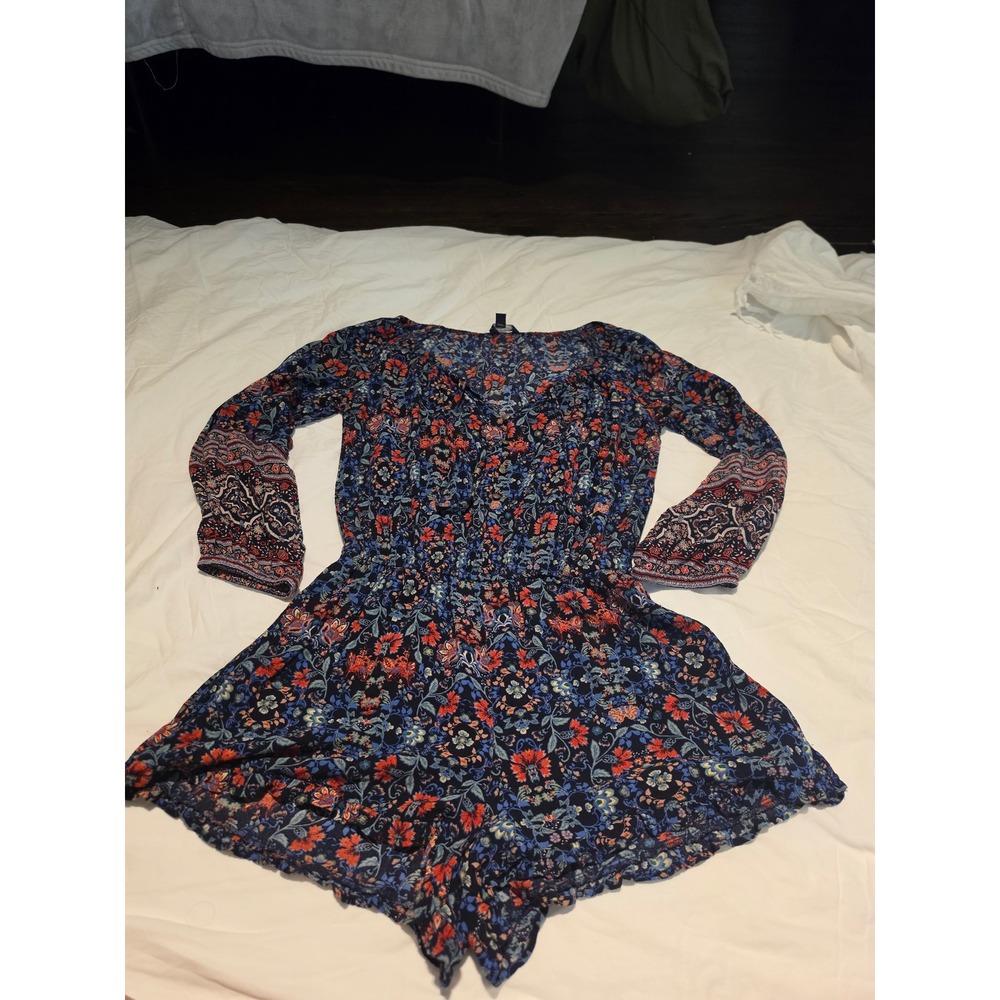 American Eagle Outfitters Floral Long Sleeve Romper Navy Blue Red Small